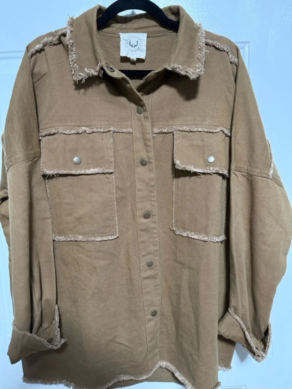 Fantastic Fawn Frayed-Trim Button-Down Shirt Jacket in Tan - Picture 2 of 3